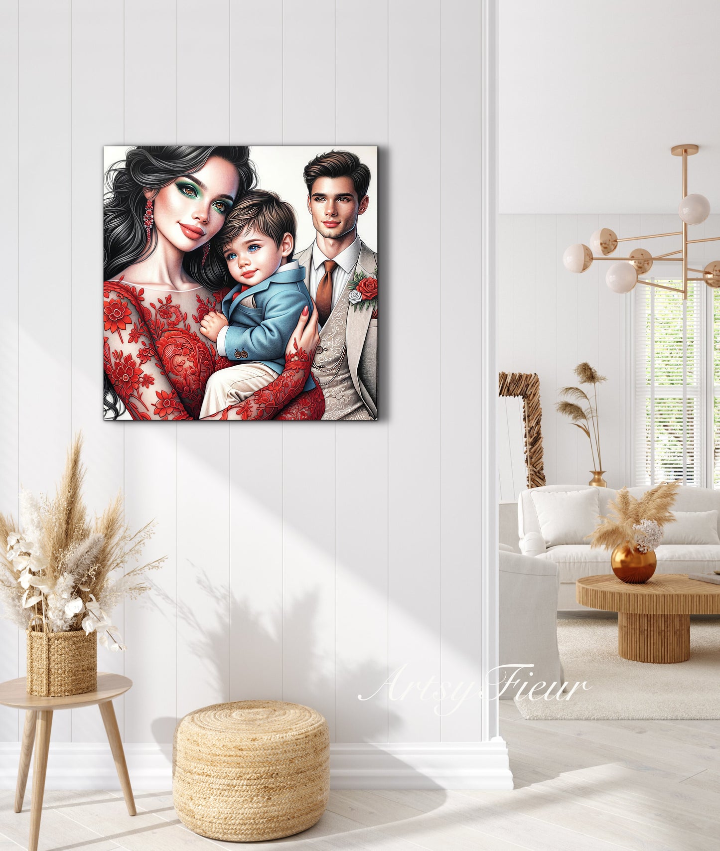 Framed canvas- ready to hang wall art print, colourful drawing abstract family portrait mother and son colourful drawing