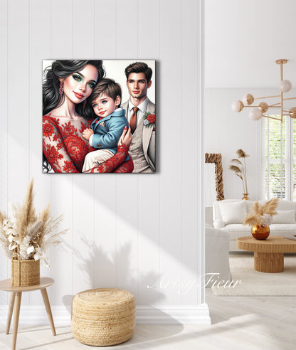 Framed canvas- ready to hang wall art print, colourful drawing abstract family portrait mother and son colourful drawing