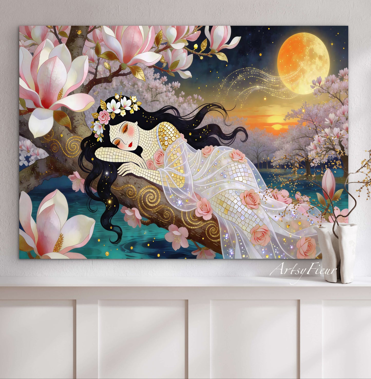 Framed Canvas- Vibrant Magnolia Flowers Beautiful Brunette Woman’s Abstract Portrait Mosaic Original Artwork Fantasy Wall Art Print