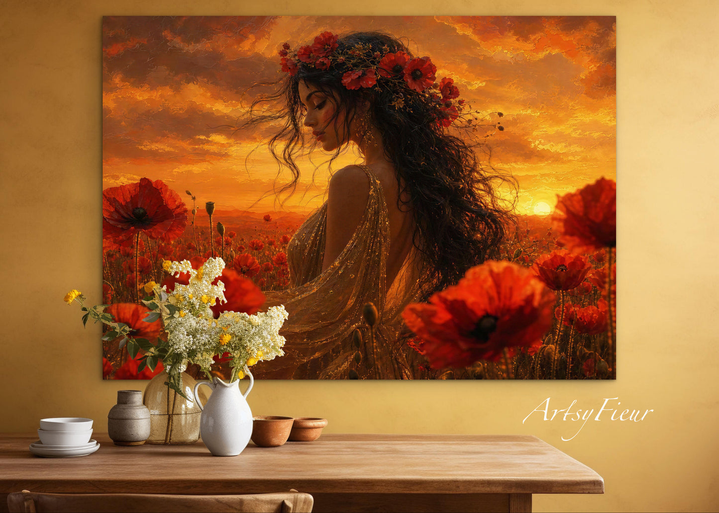 Framed Canvas - Vibrant Poppies Whimsical Full Moon Bride in Poppy Field, Wall Art Ready to hang Oil Painting Original Artwork Print