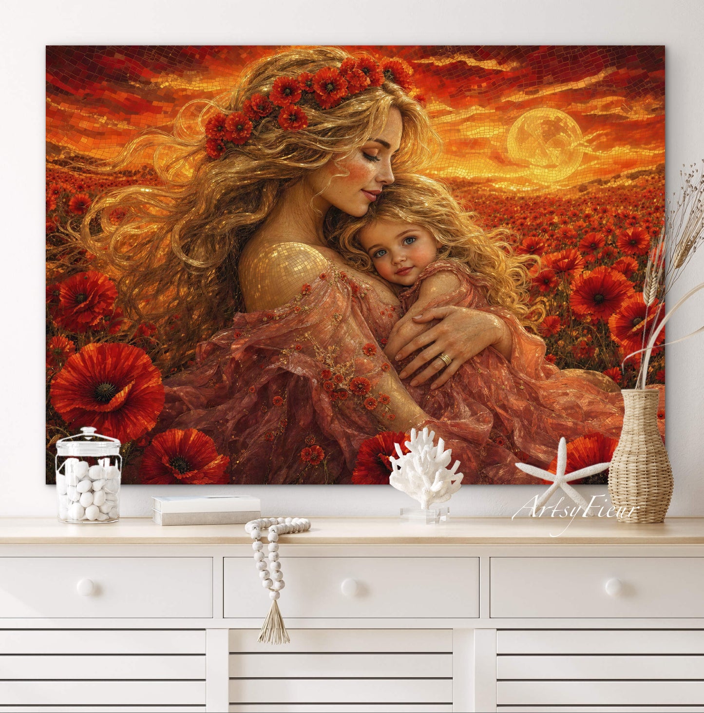Framed Canvas- Vibrant Poppies Field Mother and Daughter Portrait Whimsical Full Moon Sunset Fantasy Oil Painting Wall Art Print