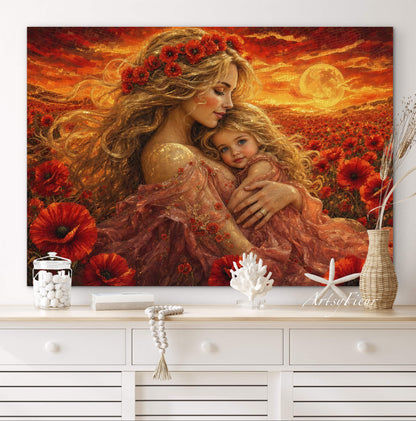 Framed Canvas- Vibrant Poppies Field Mother and Daughter Portrait Whimsical Full Moon Sunset Fantasy Oil Painting Wall Art Print