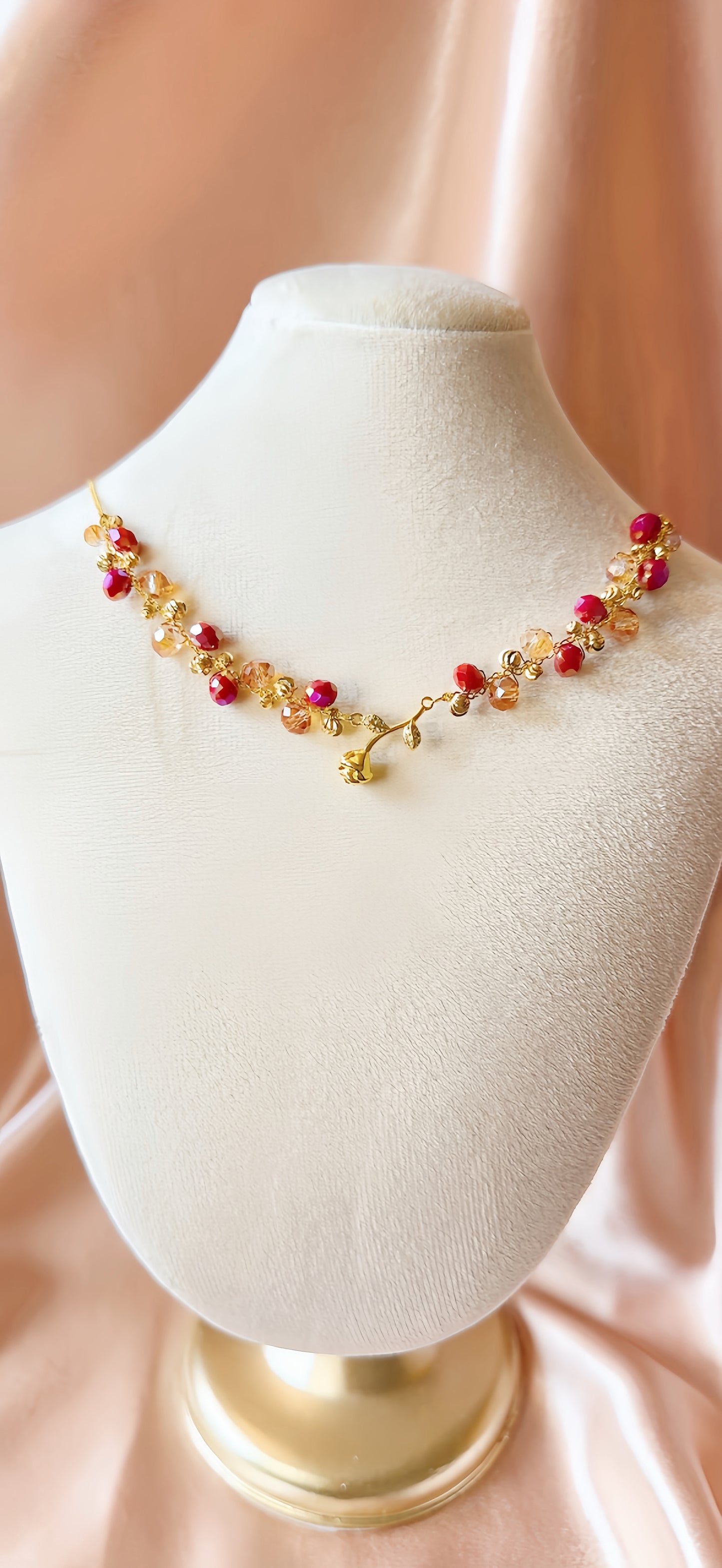 Mini Gold Rose Necklace Flower Pendant Handmade Braided Crystal Red Gold Beaded S925 Sterling Silver Hypoallergenic Floral Bohemian