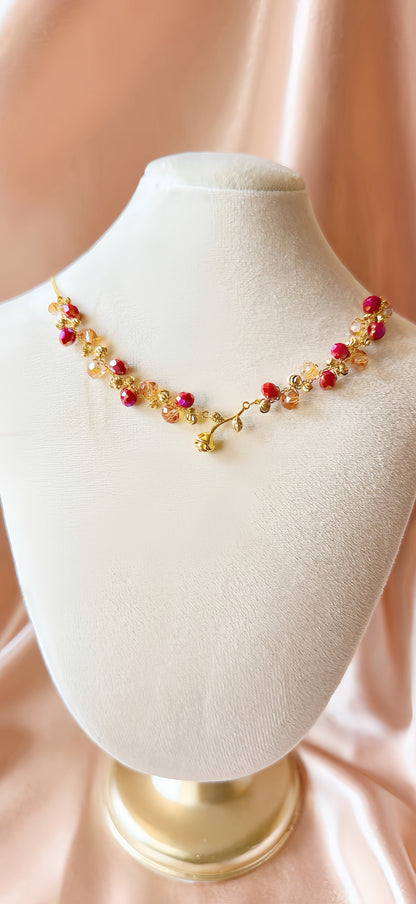 Mini Gold Rose Necklace Flower Pendant Handmade Braided Crystal Red Gold Beaded S925 Sterling Silver Hypoallergenic Floral Bohemian