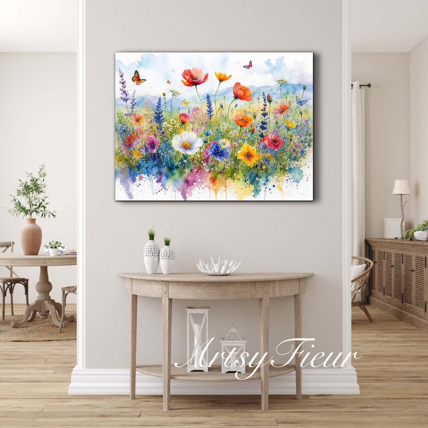 Framed canvas- ready to hang wall art print, beautiful vibrant colours watercolour fantasy painting wildflowers ,floral landscape, unique gift, one of a kind original artwork