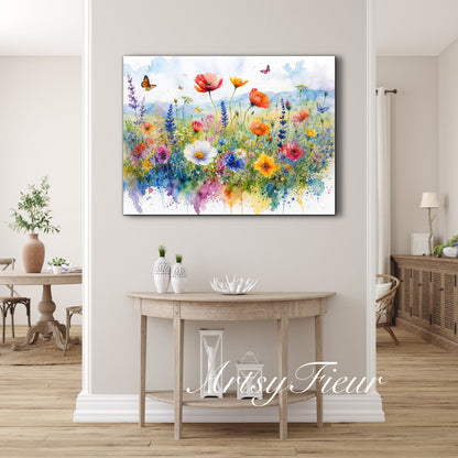 Framed canvas- ready to hang wall art print, beautiful vibrant colours watercolour fantasy painting wildflowers ,floral landscape, unique gift, one of a kind original artwork