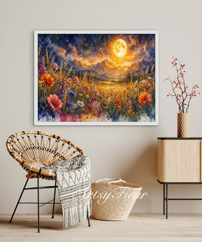 Framed canvas- vibrant full moon starry night sky colourful wildflowers floral wall art living room