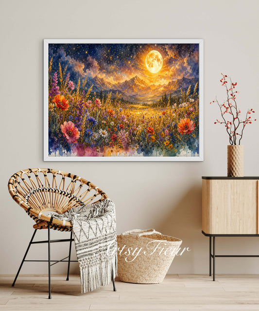 Framed canvas- vibrant full moon starry night sky colourful wildflowers floral wall art living room