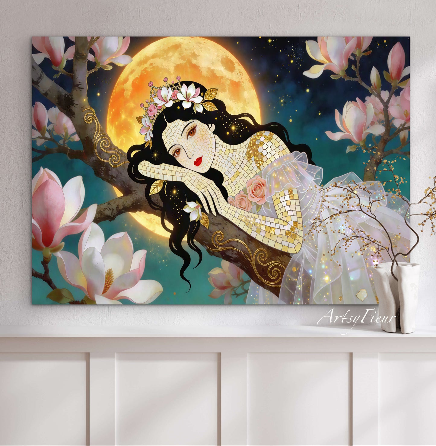 Framed Canvas- Vibrant Magnolia Flowers Beautiful Brunette Woman’s Abstract Portrait Mosaic Original Artwork Fantasy Wall Art Print Mother Nature