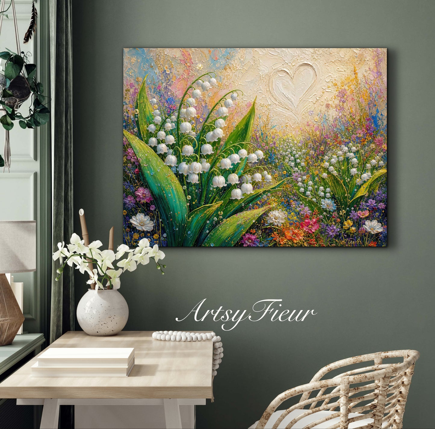 Framed Canvas Print- Vibrant Wildflowers and lily of the valley Oil Painting Textured Wall Art , Beautiful Original Artwork Ready to Hang Living Room, Floral