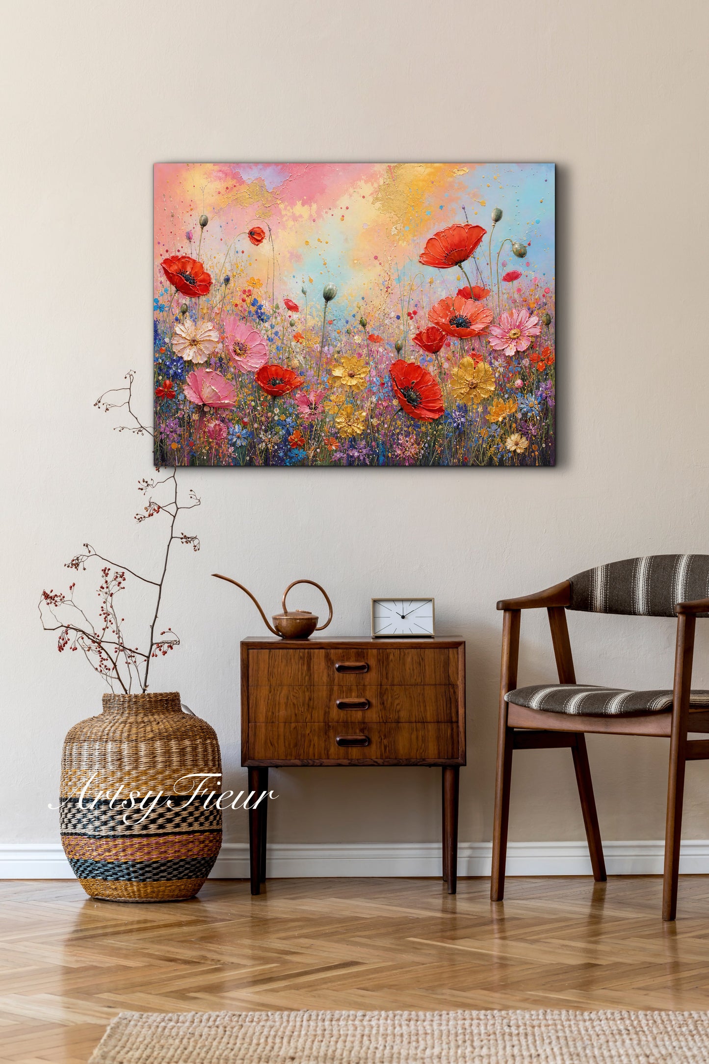 Framed canvas- ready to hand wall art print, beautiful vibrant colours watercolour fantasy painting wildflowers poppies floral landscape, unique gift, one of a kind original artwork