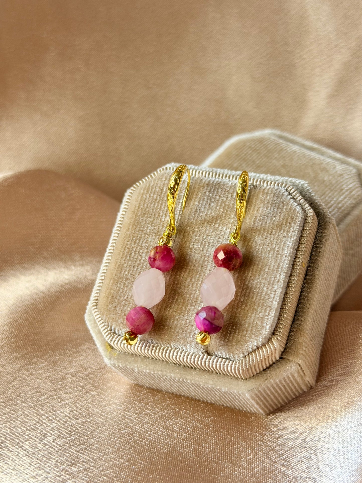 Rose Quartz Earrings Pink Tigers Eye Natural Gemstone Dangle Drop Long Earrings Hypoallergenic
