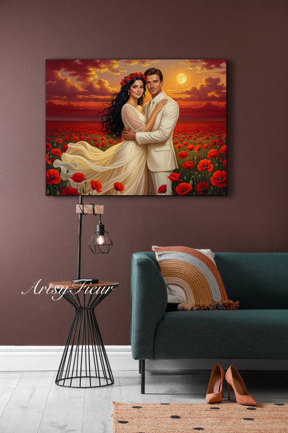 Framed canvas- whimsical full moon sunset bride and groom, wedding, poppy field, vibrant colours living room original artwork, fantasy oil painting wall art print
