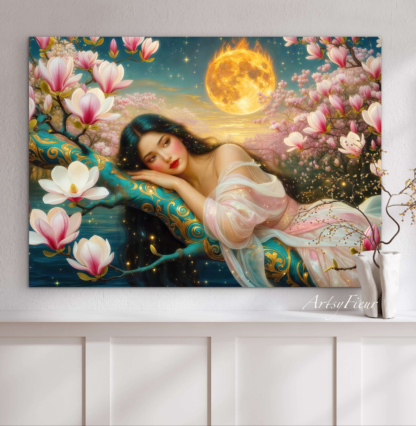 Framed Canvas- Vibrant Magnolia Flowers Beautiful Brunette Woman’s Abstract Portrait Original Artwork Fantasy Wall Art Print