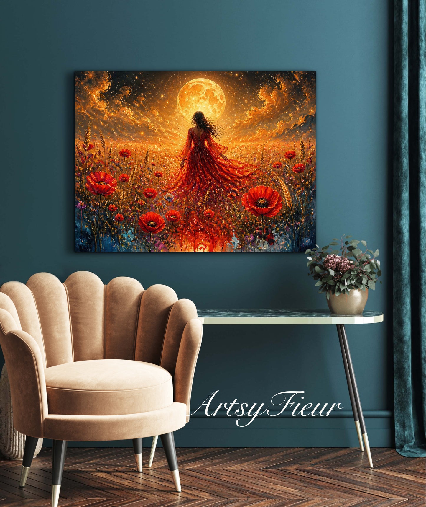 Framed Canvas - Vibrant poppies and wildflowers Whimsical Full Moon starry night sky Bride in Poppy Field, Wall Art Ready to hang original Artwork Print Red Dress