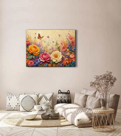 Framed Canvas Print- Vibrant Wildflowers and Petunias Oil Painting Textured Wall Art , Beautiful Original Artwork Ready to Hang Living Room, Floral
