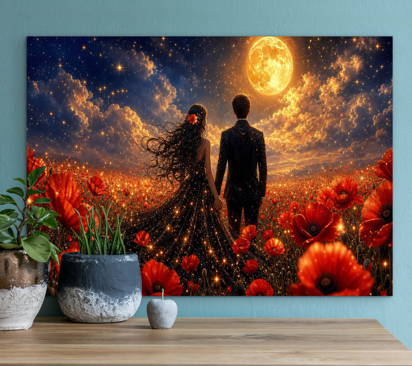 Framed canvas- whimsical full moon sunset bride and groom, black wedding dress poppy field, vibrant colours living room original artwork, fantasy oil painting wall art print