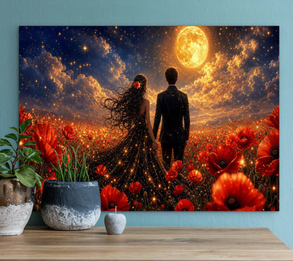 Framed canvas- whimsical full moon sunset bride and groom, black wedding dress poppy field, vibrant colours living room original artwork, fantasy oil painting wall art print