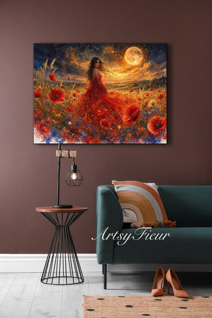 Framed Canvas - Vibrant poppies and wildflowers Whimsical Full Moon starry night sky Bride in Poppy Field, Wall Art Ready to hang original Artwork Print Red Dress