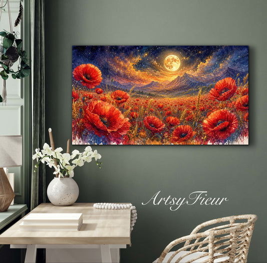 ArtsyFieur Framed Canvas - vibrant poppies whimsical lights full moon living room colourful wall art