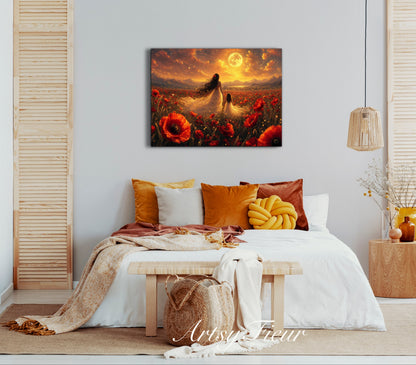 Framed Canvas- Vibrant Poppies Field Bride Mother and Daughter Portrait Whimsical Full Moon Sunset Fantasy Oil Painting Wall Art Print