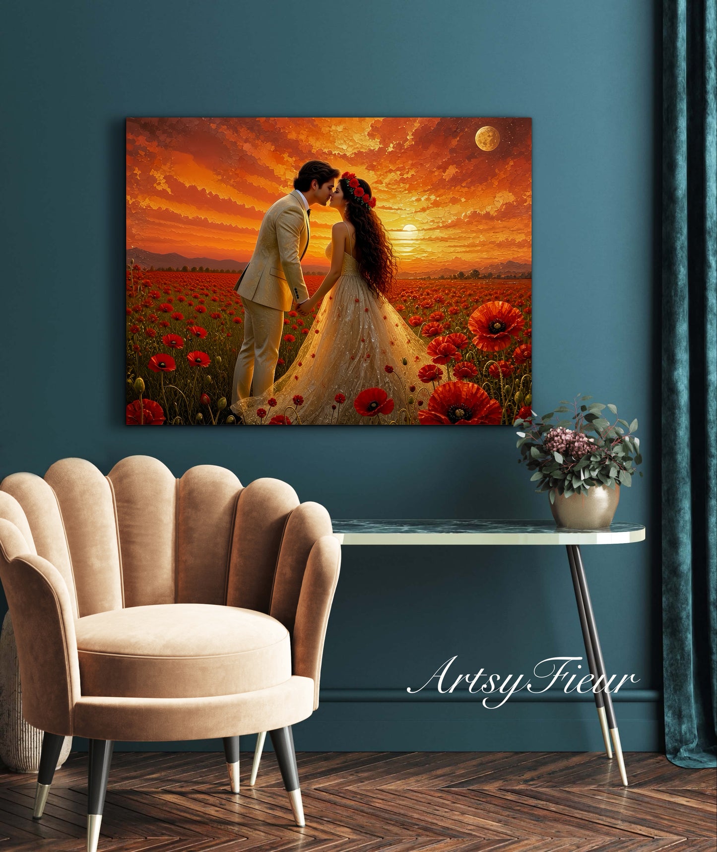 Framed canvas- whimsical full moon sunset bride and groom, wedding, poppy field, vibrant colours living room original artwork, fantasy oil painting wall art print