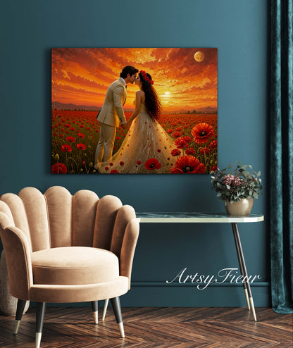 Framed canvas- whimsical full moon sunset bride and groom, wedding, poppy field, vibrant colours living room original artwork, fantasy oil painting wall art print