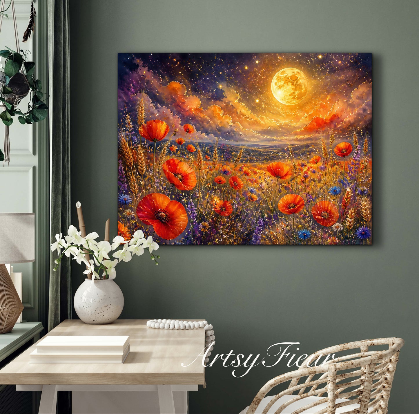 Framed Canvas Print- Vibrant Wildflowers and Poppies Oil Painting Textured Wall Art , Beautiful Original Artwork Ready to Hang Living Room, Floral