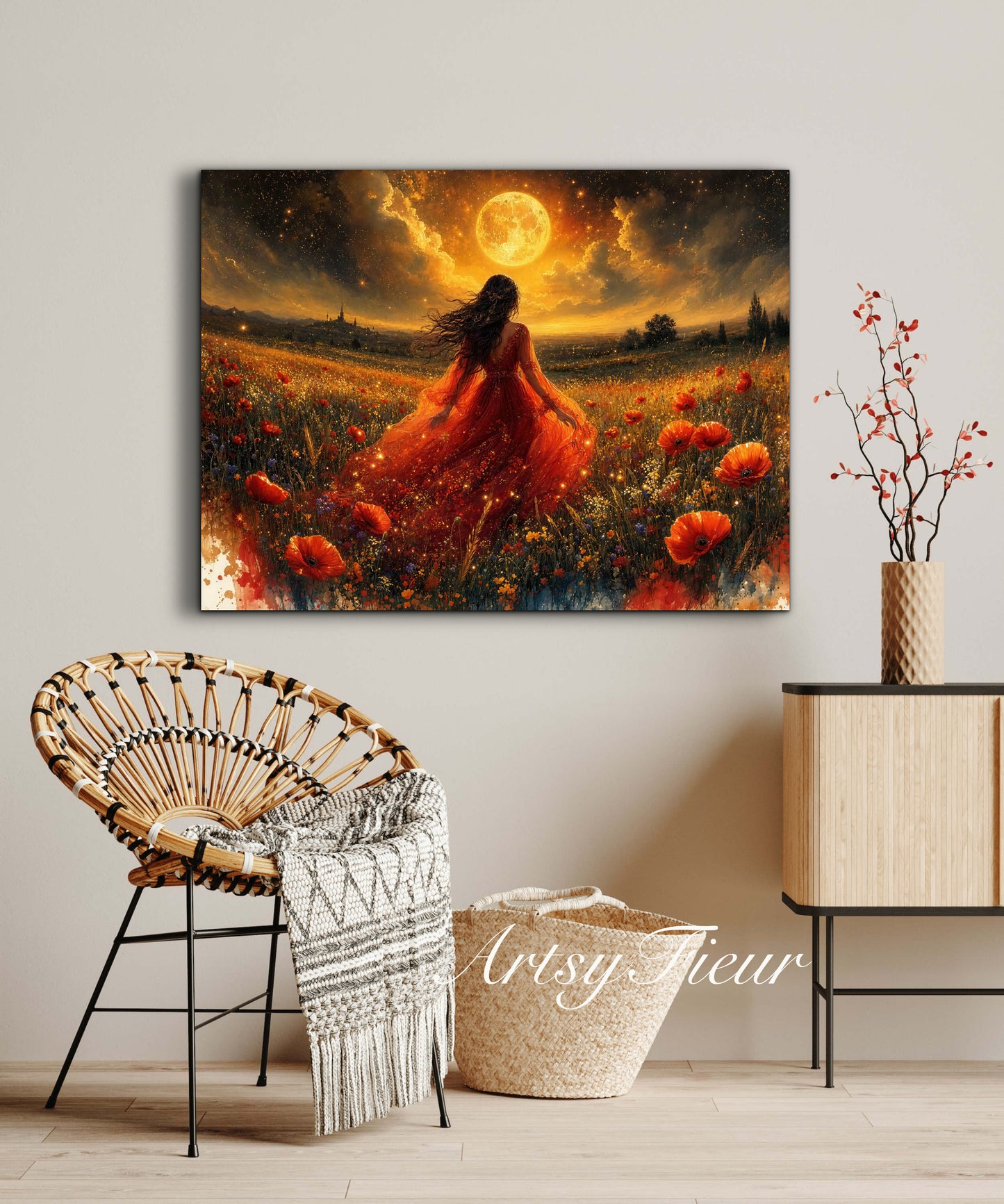 Framed Canvas - Vibrant poppies and wildflowers Whimsical Full Moon starry night sky Bride in Poppy Field, Wall Art Ready to hang original Artwork Print Red Dress