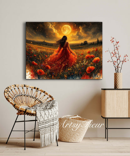 Framed Canvas - Vibrant poppies and wildflowers Whimsical Full Moon starry night sky Bride in Poppy Field, Wall Art Ready to hang original Artwork Print Red Dress