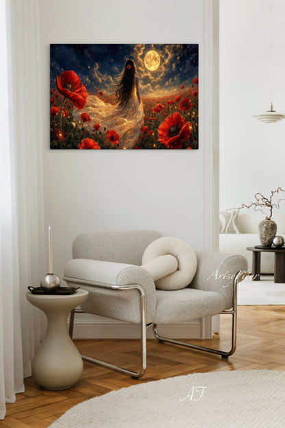 Framed Canvas - Vibrant Poppies Whimsical Full Moon Bride in Poppy Field, Wall Art Ready to hang Oil Painting Original Artwork Print