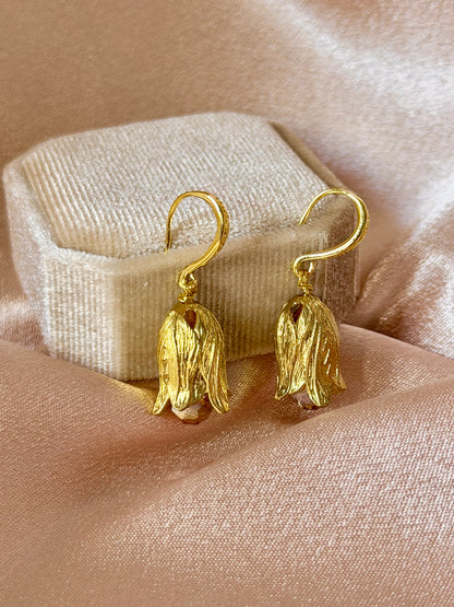 Flower Dangle Earrings Gold Tulip Crystal Handmade Statement Floral Earrings 18k Gold Plated Hypoallergenic