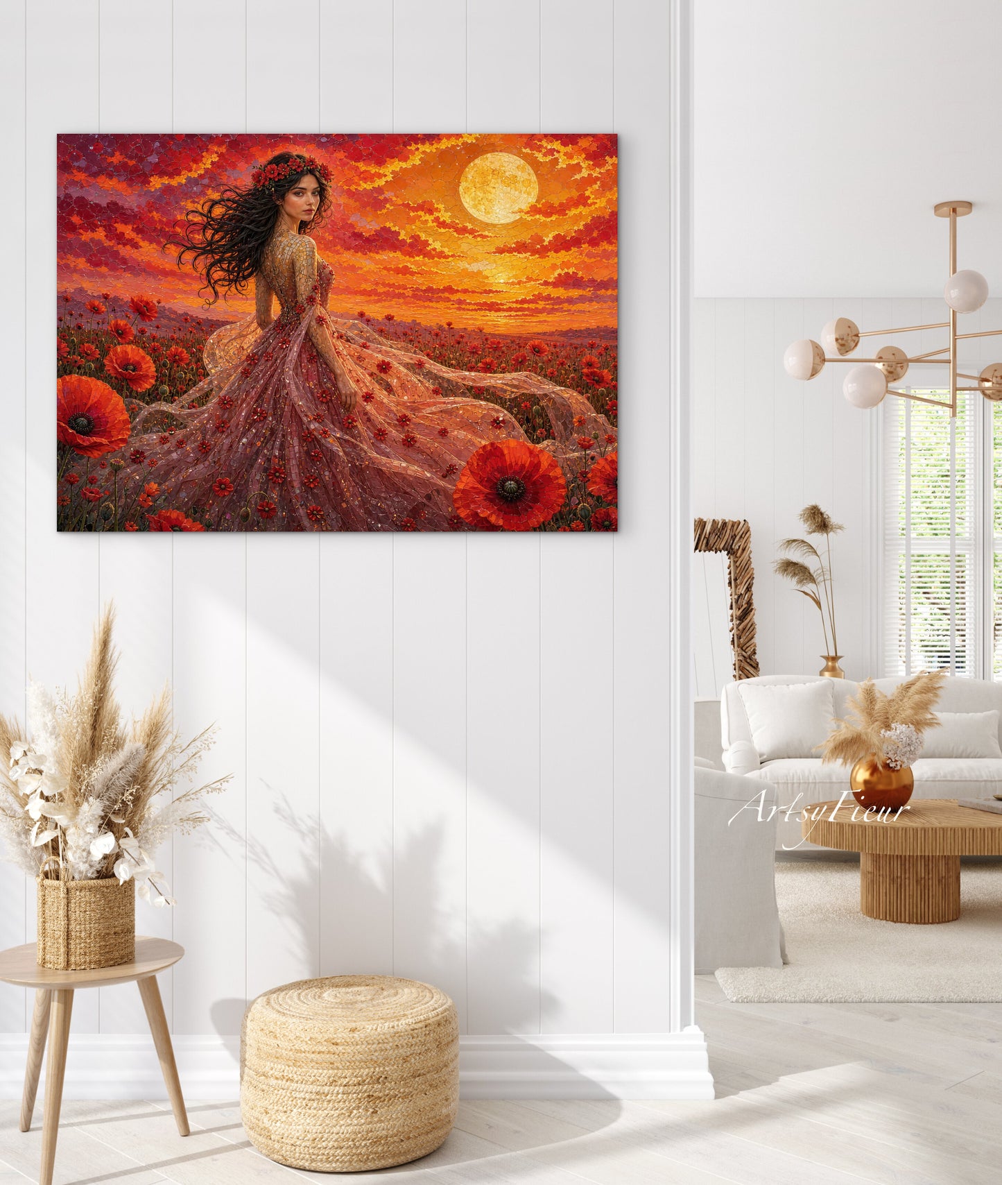 Framed Canvas - Vibrant Poppies Whimsical Full Moon Bride in Poppy Field, Wall Art Ready to hang Oil Painting Original Artwork Print