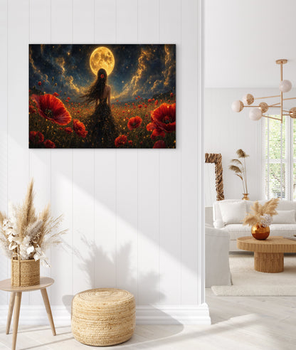 Framed Canvas - Vibrant Poppies Whimsical Full Moon Bride in Poppy Field, Wall Art Ready to hang Oil Painting Original Artwork Print Black Wedding Dress