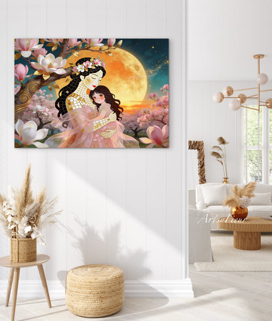 Framed Canvas- Vibrant Magnolia Flowers Mother and Daughter Portrait Original ArtworkFantasy Wall Art