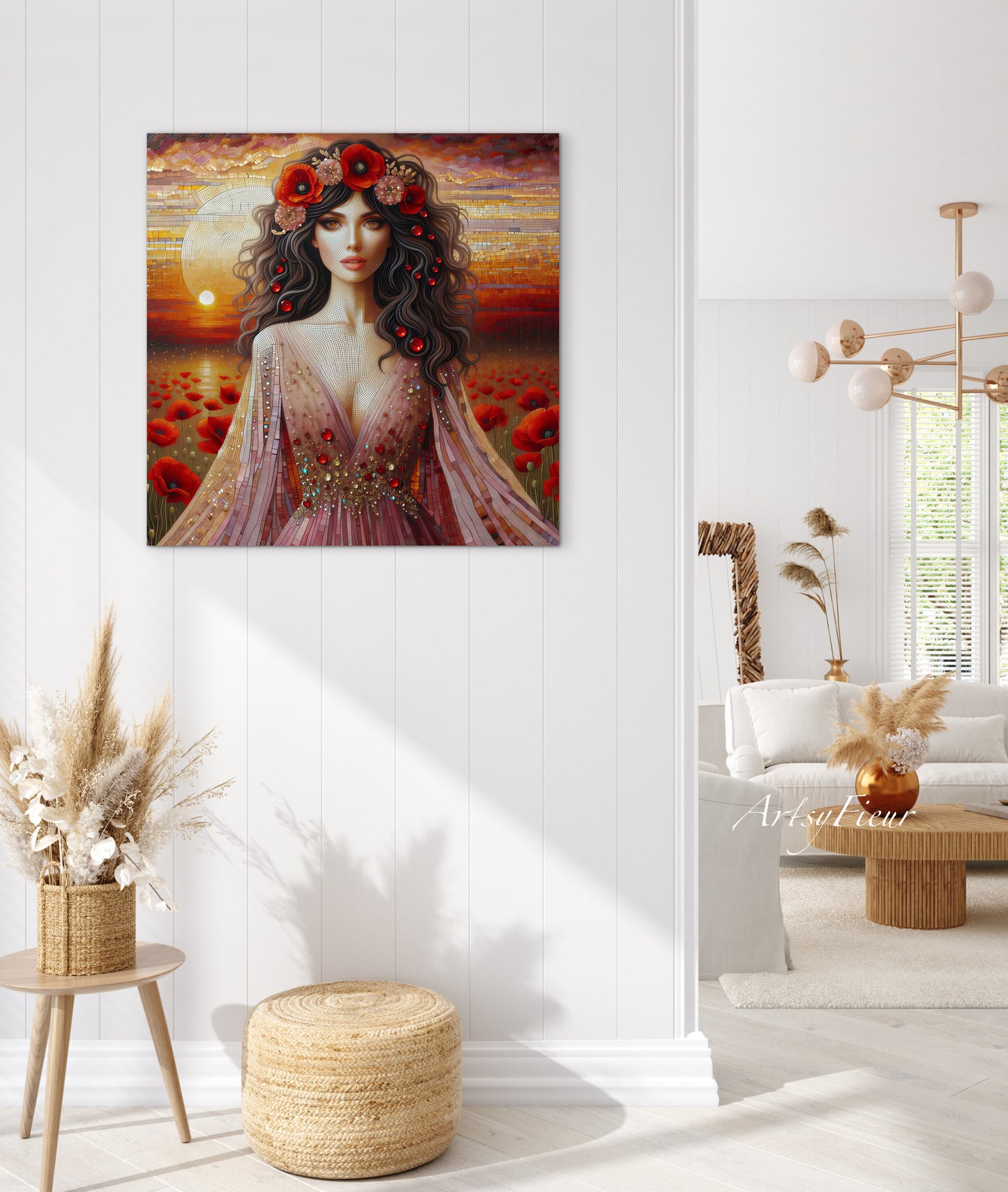 Framed canvas- Original Artwork Vibrant Poppies watercolour floral painting beautiful brunette woman ready to hang wall art print, abstract portrait