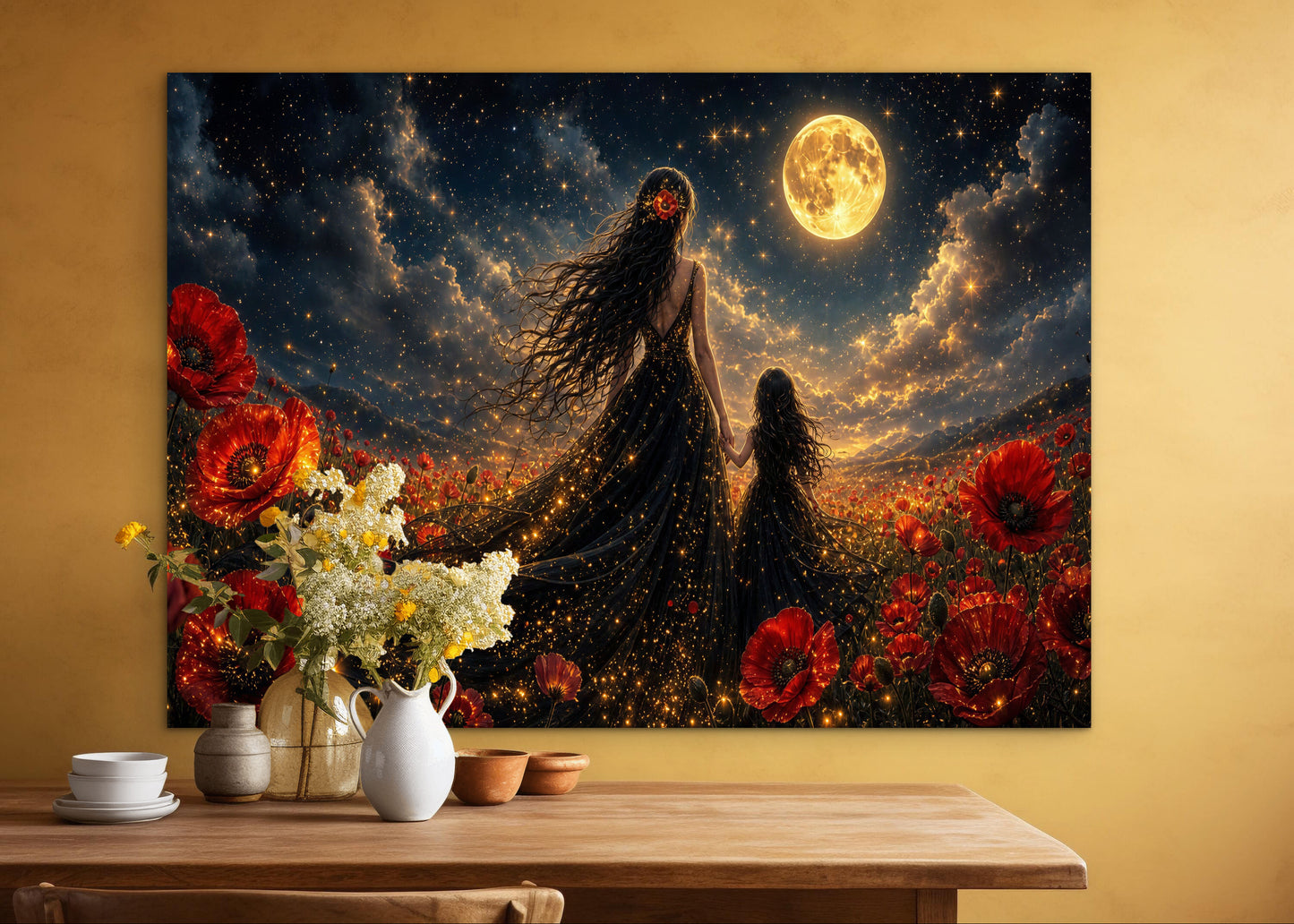 Framed Canvas- Vibrant Poppies Field Mother and Daughter Portrait Whimsical Full Moon Sunset Fantasy Oil Painting Wall Art Print