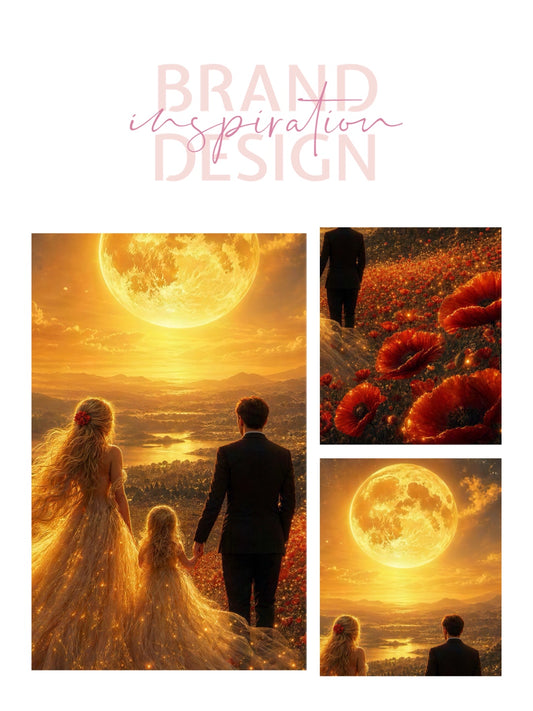 Framed Canvas Vibrant Poppies- Whimsical full moon fantasy oil painting Wedding celebration mother and daughter beautiful family portrait Original wall art print