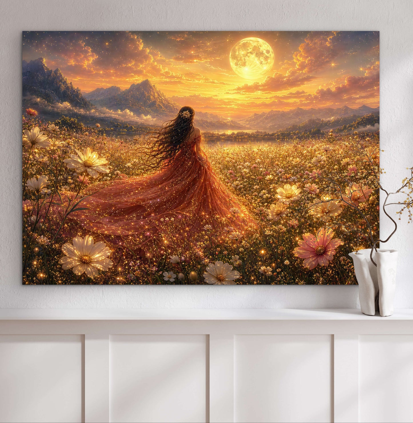 Framed Canvas- Abstract Portrait Beautiful Bride Wildflowers Field Whimsical Full Moon Fantasy Painting Art Print