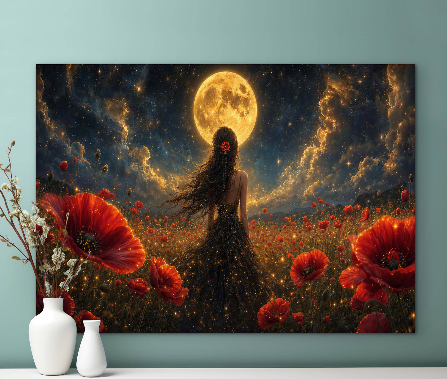 Framed Canvas - Vibrant Poppies Whimsical Full Moon Bride in Poppy Field, Wall Art Ready to hang Oil Painting Original Artwork Print Black Wedding Dress