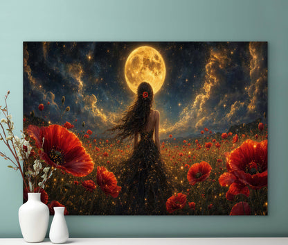 Framed Canvas - Vibrant Poppies Whimsical Full Moon Bride in Poppy Field, Wall Art Ready to hang Oil Painting Original Artwork Print Black Wedding Dress
