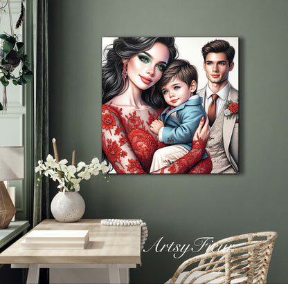 Framed canvas- ready to hang wall art print, colourful drawing abstract family portrait mother and son colourful drawing