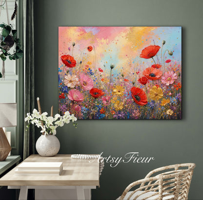 Framed canvas- ready to hand wall art print, beautiful vibrant colours watercolour fantasy painting wildflowers poppies floral landscape, unique gift, one of a kind original artwork