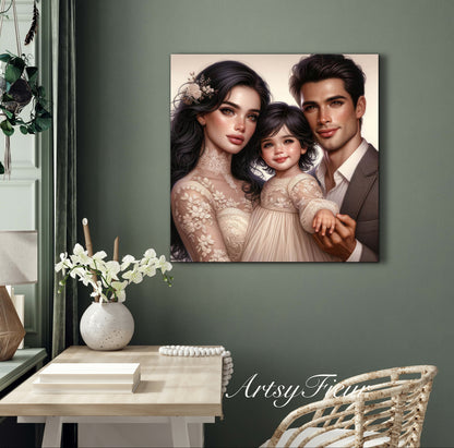 Framed canvas- ready to hang wall art print, colourful drawing abstract family portrait mother and daughter colourful drawing