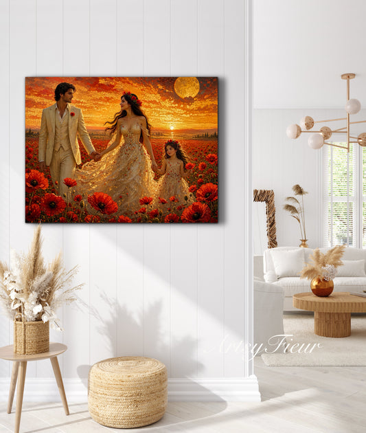 Framed Canvas Vibrant Poppies- Whimsical full moon fantasy oil painting Wedding celebration mother and daughter beautiful family portrait Original wall art print