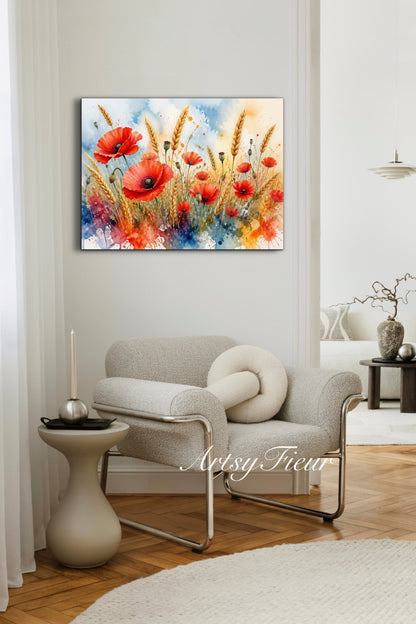 Framed Canvas Print- Vibrant Wildflowers and Poppies Oil Painting Textured Wall Art , Beautiful Original Artwork Ready to Hang Living Room, Floral