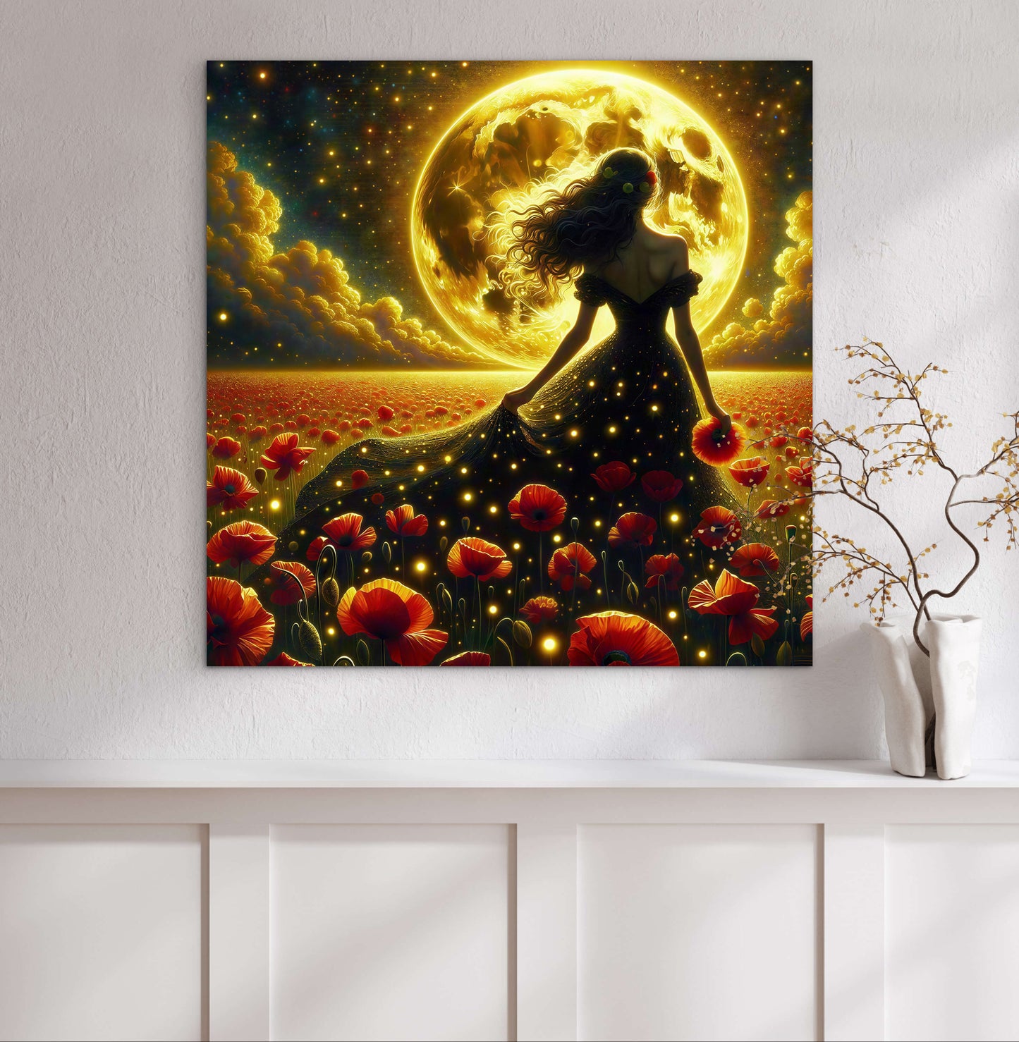 Framed Canvas - Vibrant Poppies Whimsical Full Moon Bride in Poppy Field, Wall Art Ready to hang Oil Painting Original Artwork Print Black Wedding Dress