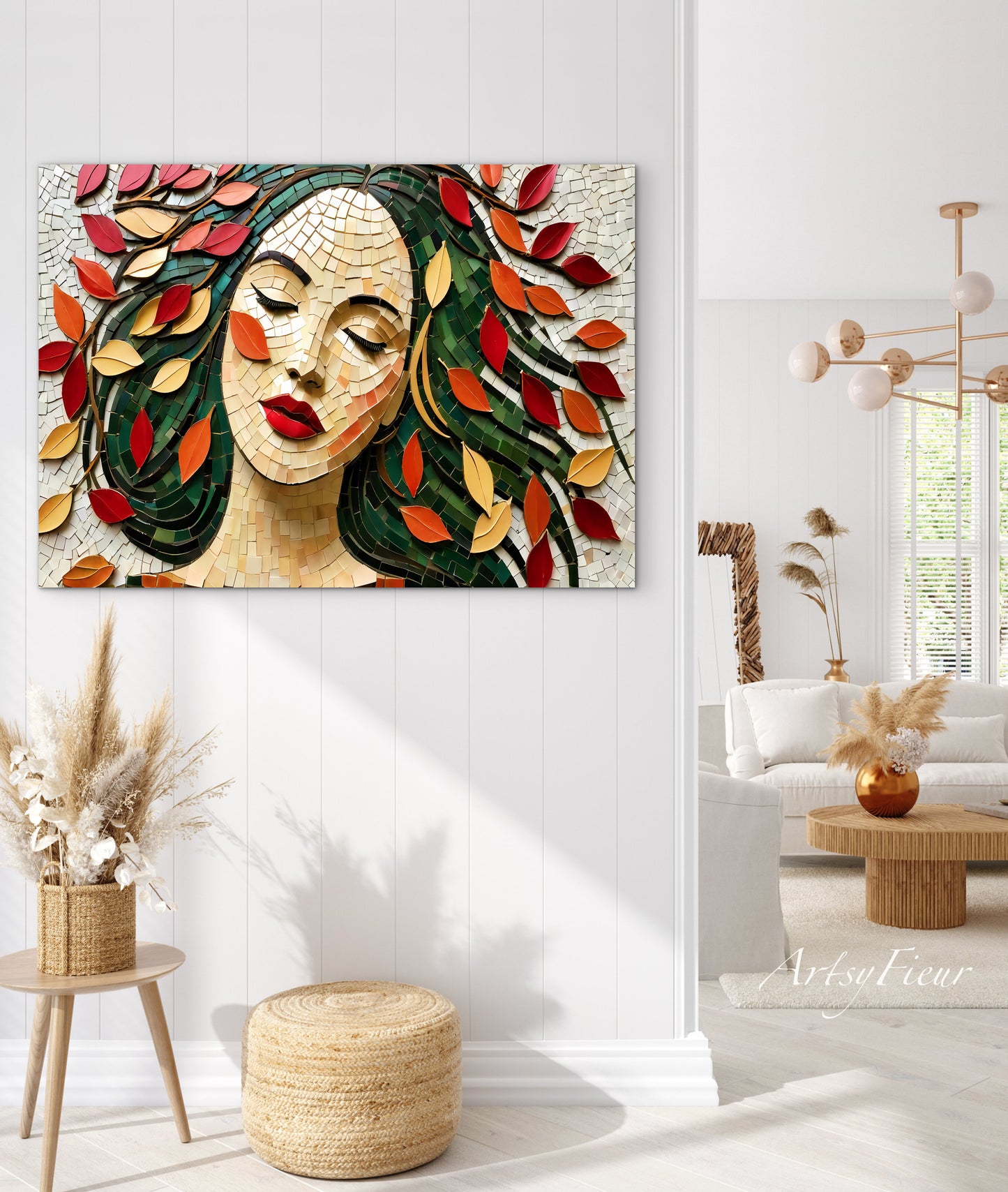 Framed Canvas- Vibrant Colours Beautiful Brunette Woman’s Abstract Portrait Mosaic Autumn Leaves Original Artwork Fantasy Wall Art Print