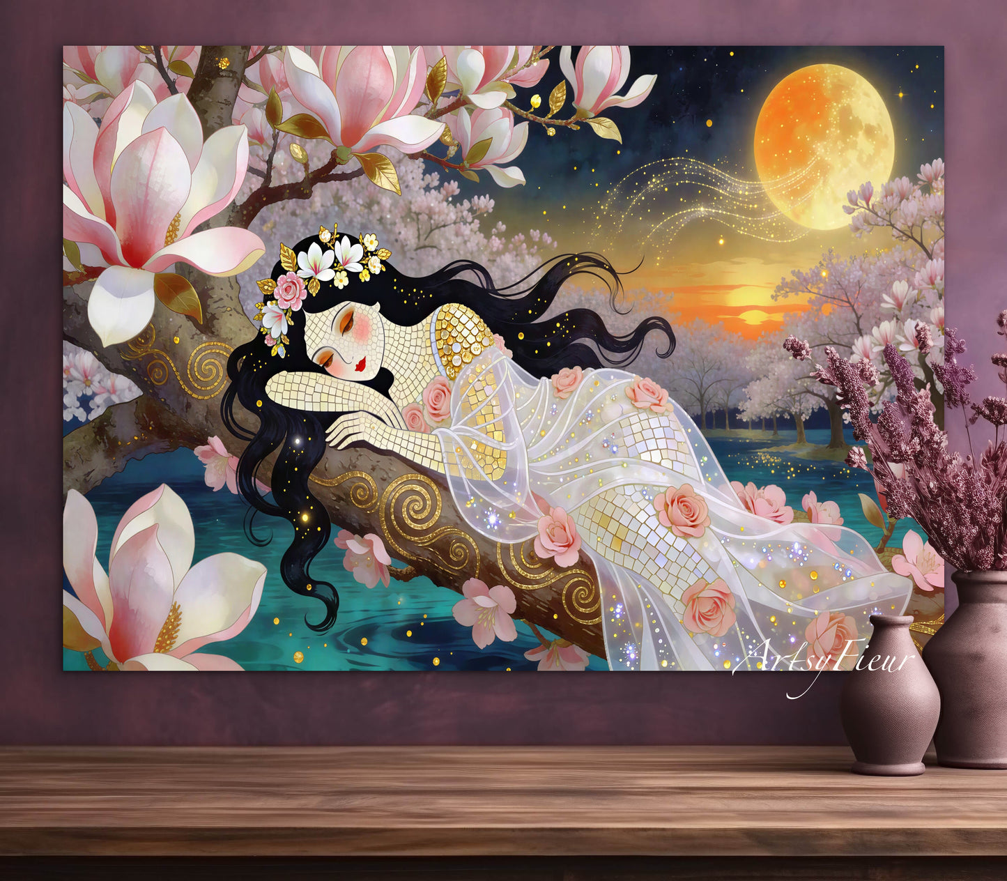 Framed Canvas- Vibrant Magnolia Flowers Beautiful Brunette Woman’s Abstract Portrait Mosaic Original Artwork Fantasy Wall Art Print
