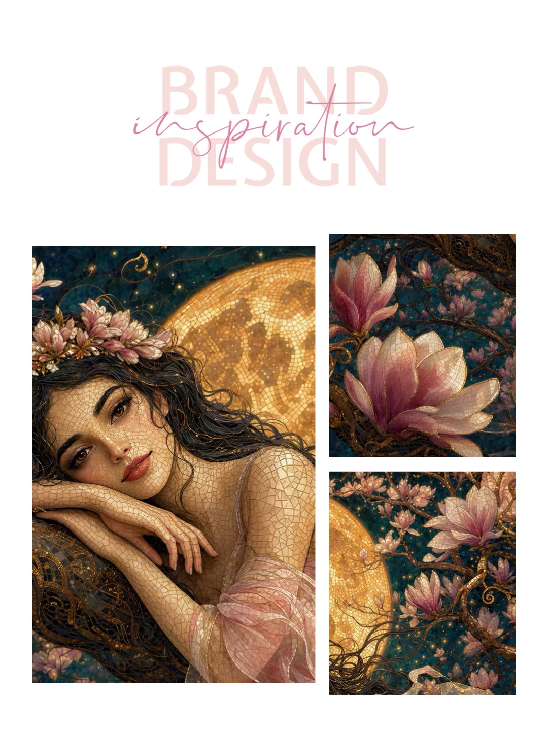 Framed Canvas- Vibrant Magnolia Flowers Beautiful Tinkerbell Woman’s Abstract Portrait Mosaic Original Artwork Fantasy Wall Art Print